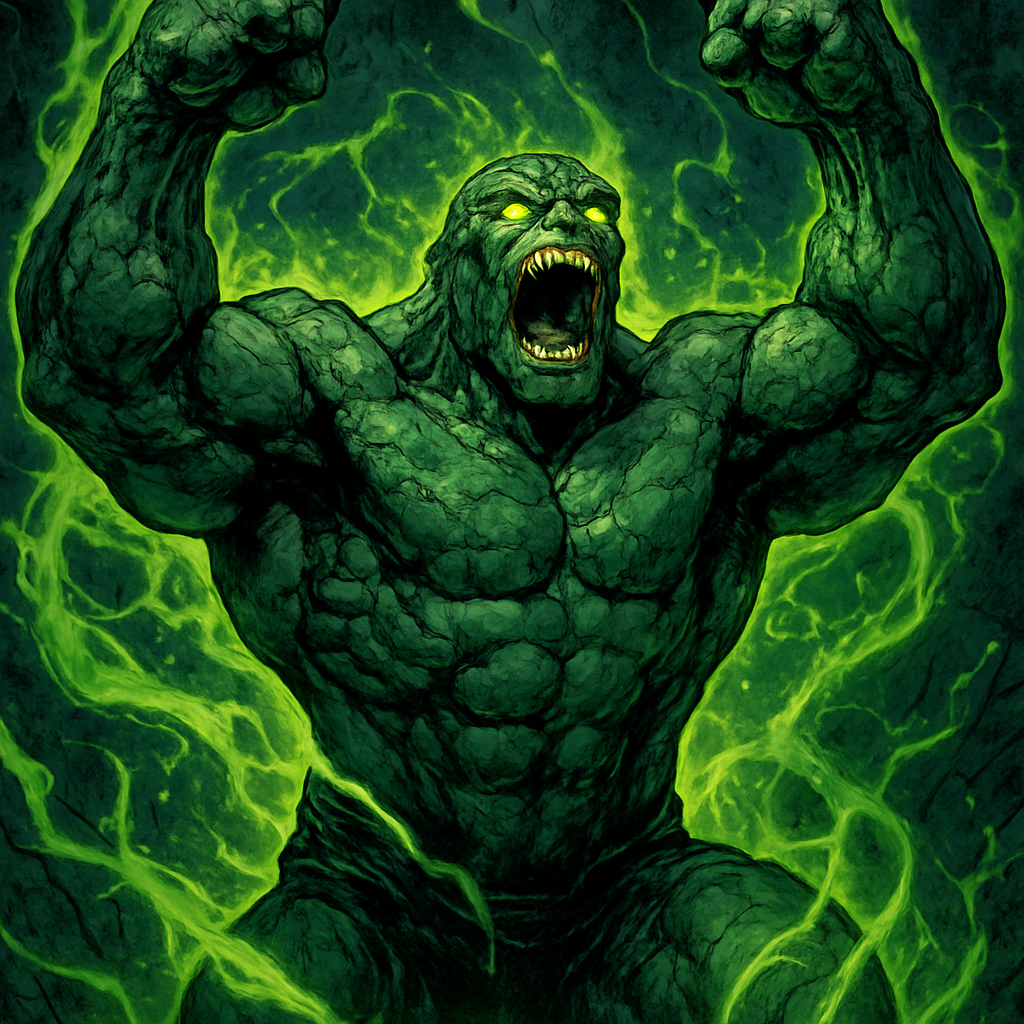 Comic-style green-skinned muscular brute hero smashing the ground with toxic green energy