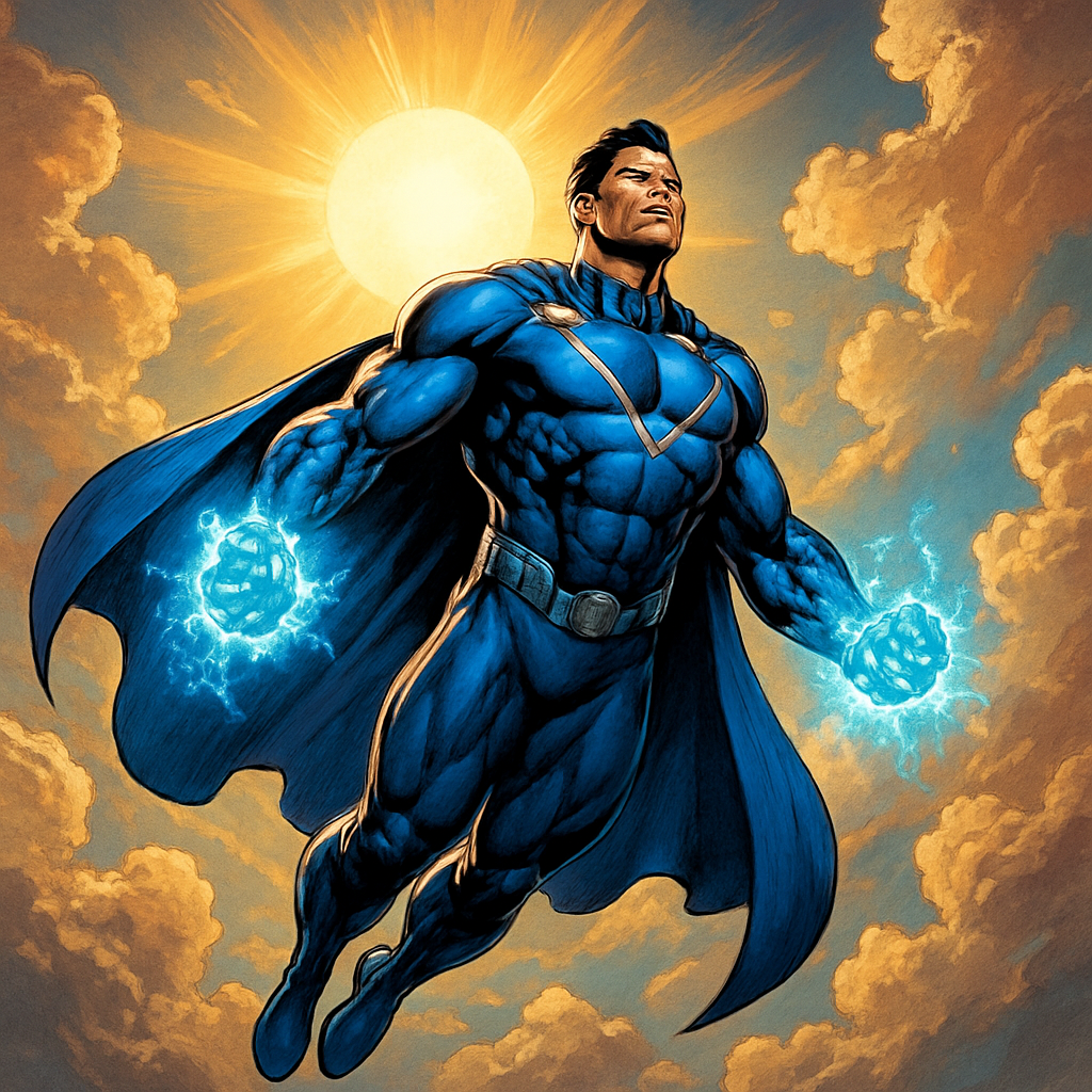 Comic-style flying superhero in a cobalt blue and silver armored suit with a cape soaring through a bright sky